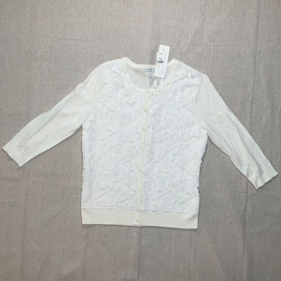 New York & Company | NWT Ivory & White Lace Front 3/4 Sleeve Cardigan | LP - Picture 1 of 8